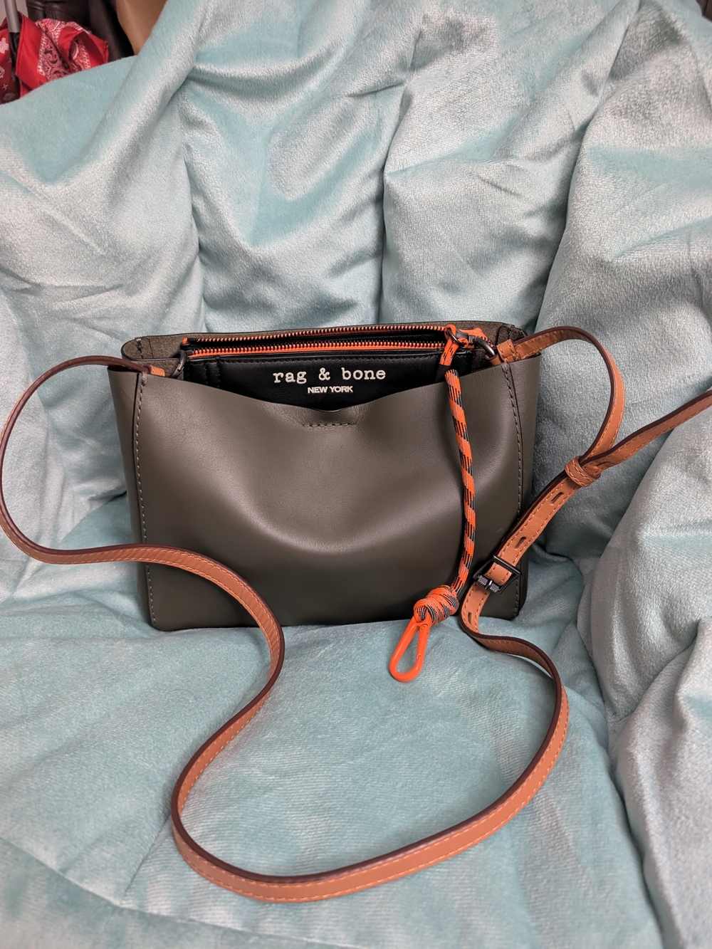 rag & bone olive green leather crossbody with tan strap and orange accent